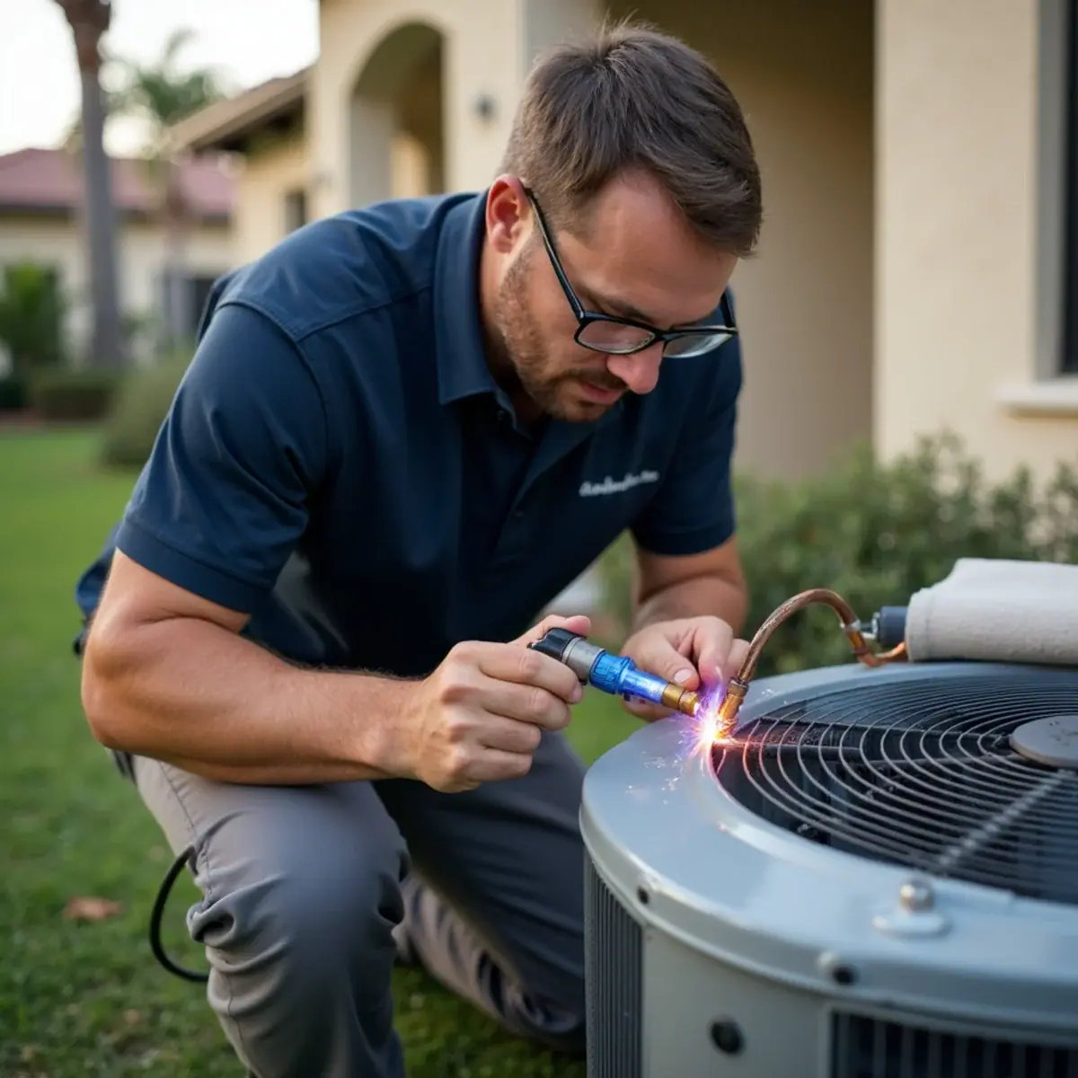 Technician brazing copper refrigerant lines on a new AC installation in Venice, FL