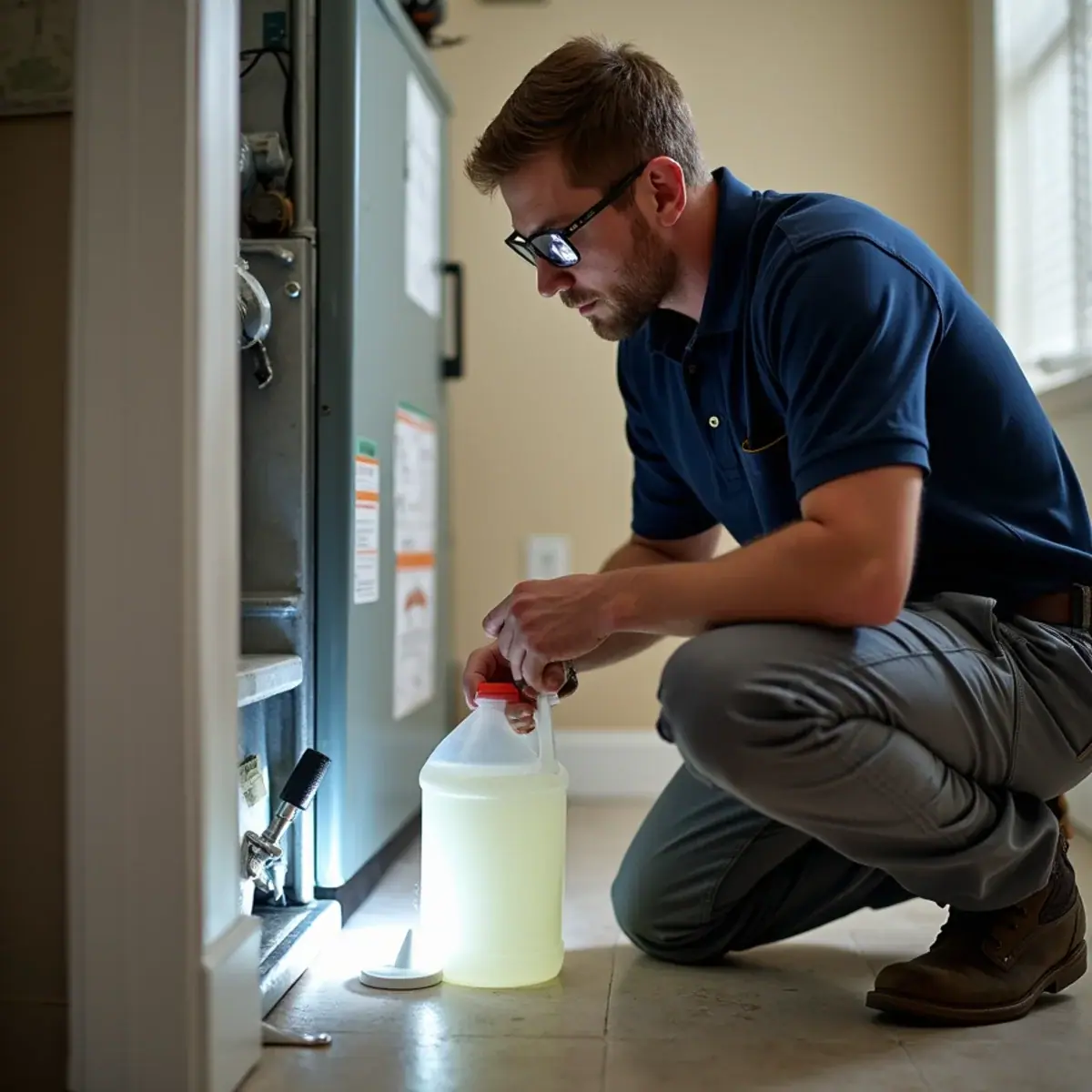 Technician flushing an AC condensate drain line during a tune-up in Venice, FL