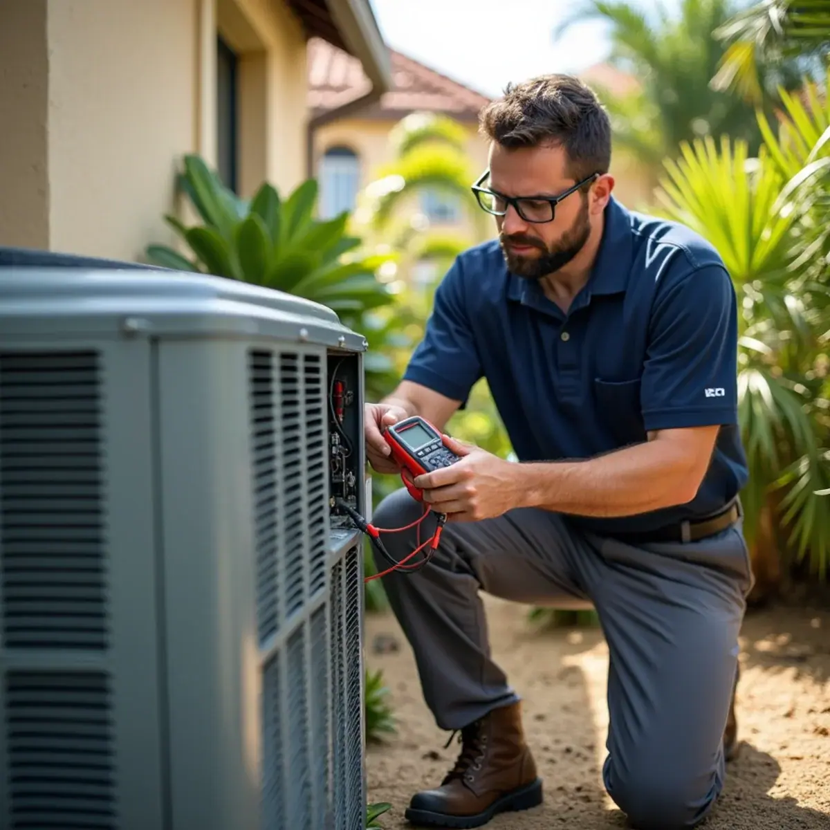 Technician testing an AC capacitor during an AC repair in Venice, FL
