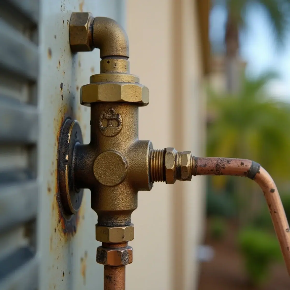 Oily residue at an AC refrigerant fitting indicating a leak