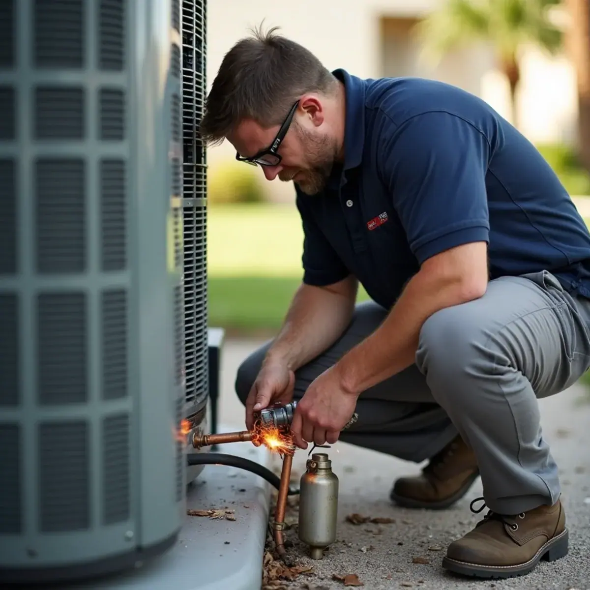 Technician repairing a refrigerant leak on an older R-22 air conditioner