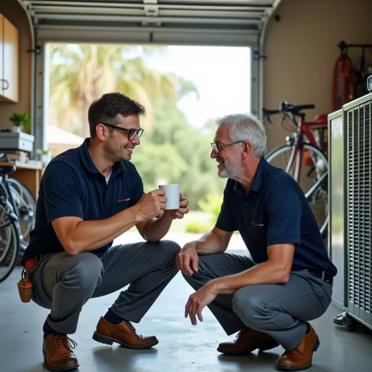 HVAC technician explaining an air handler repair to a homeowner in Venice, FL