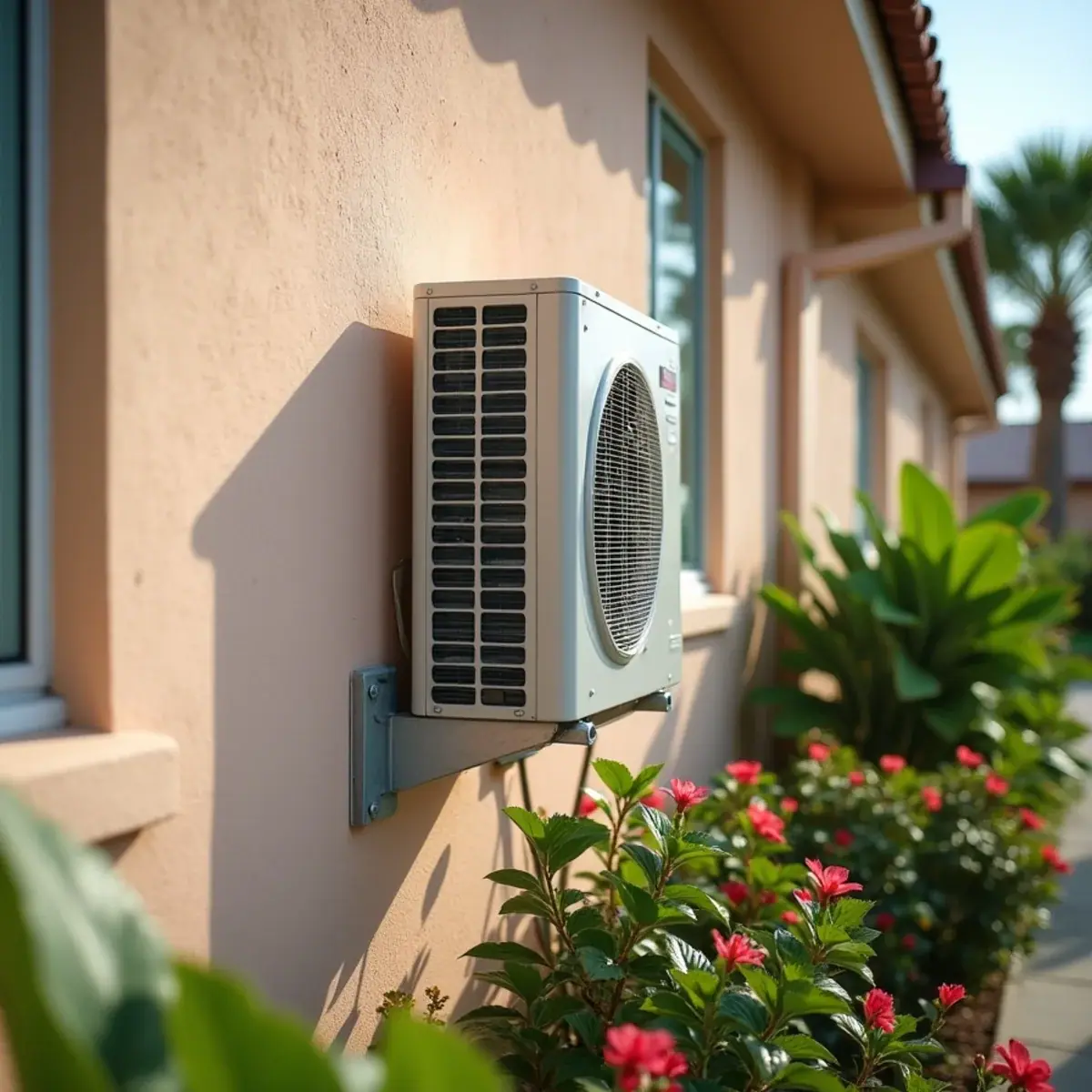 Mini-split outdoor unit on a wall bracket at a Venice, FL home