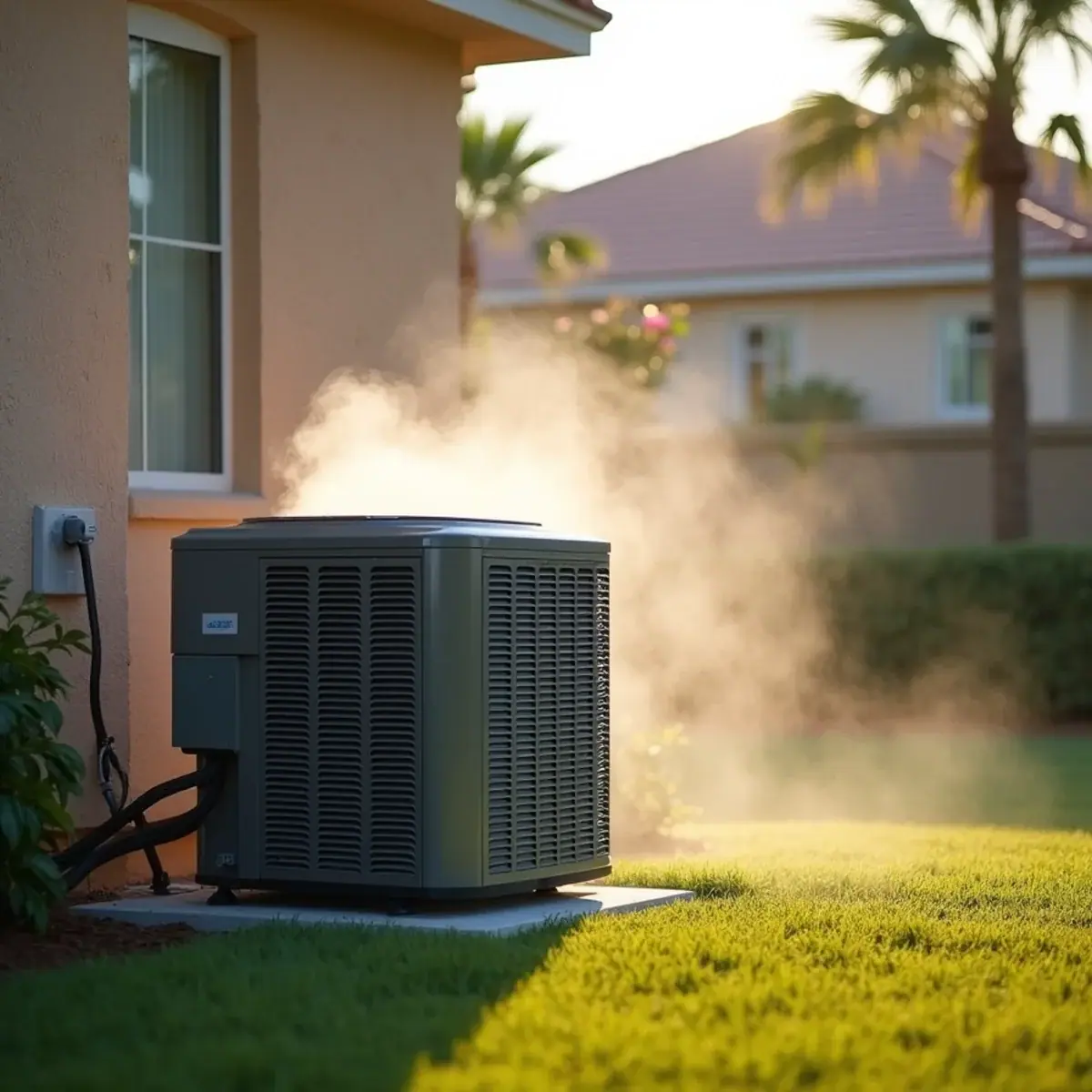 Heat pump outdoor unit running a defrost cycle on a cool Venice, FL morning