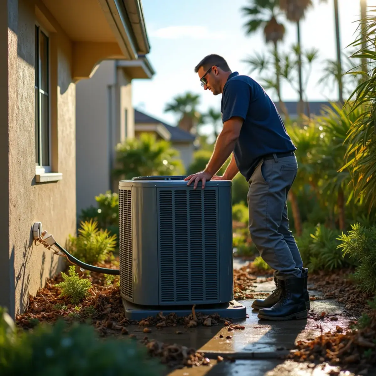 Outdoor AC unit surrounded by storm debris after a hurricane in Venice, FL