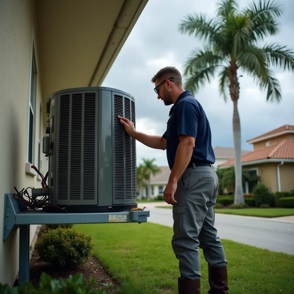 Technician checking hurricane tie-downs on an elevated AC unit in Venice, FL