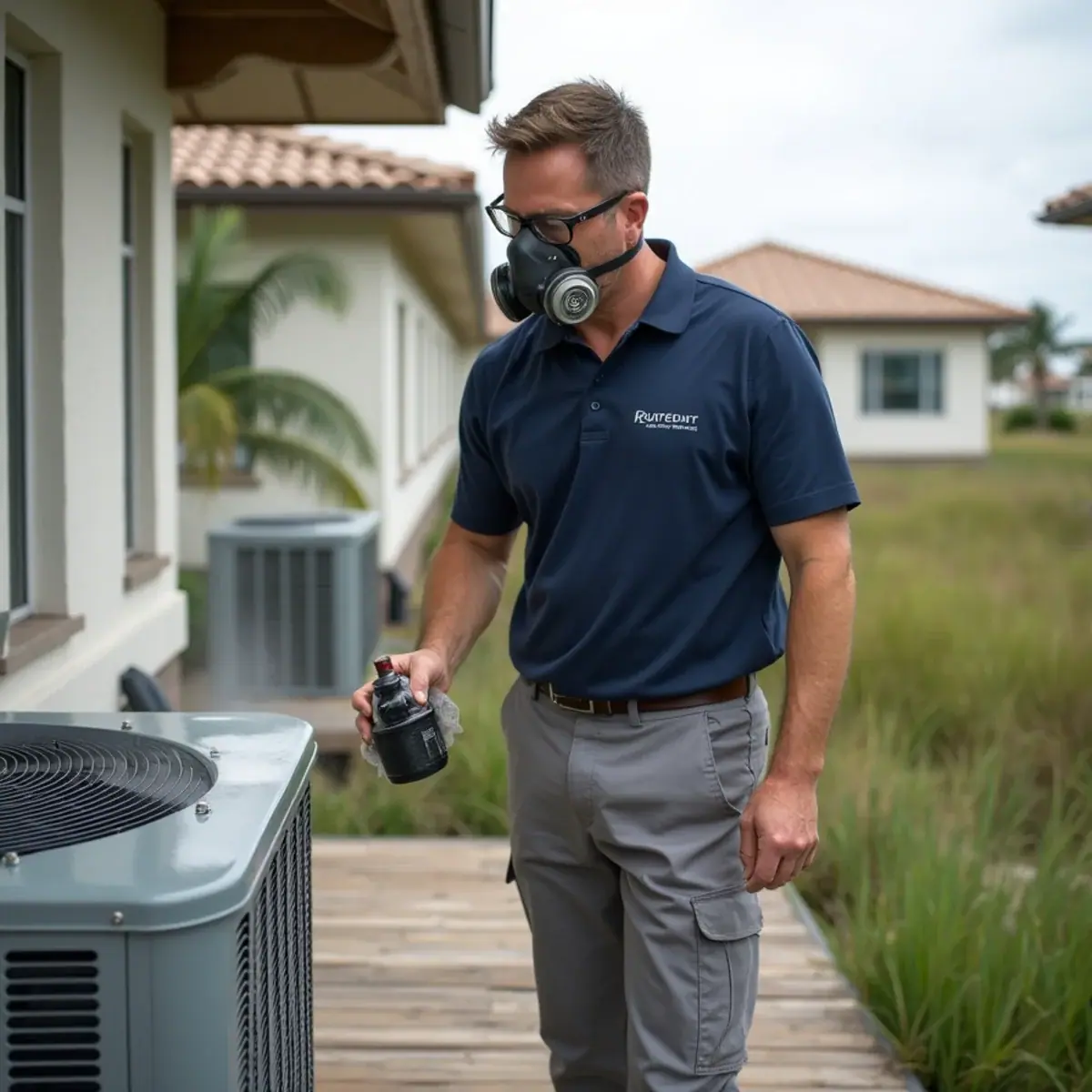 Technician applying protective coating to a coastal AC coil in Venice, FL
