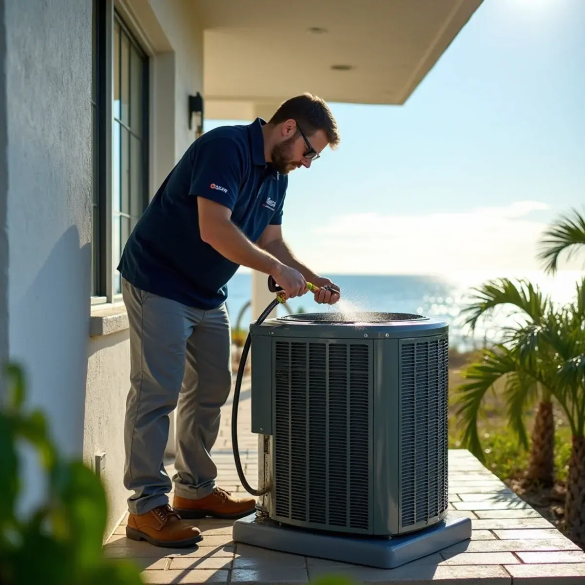 Coastal AC condenser on an elevated platform at a home in Anna Maria, FL
