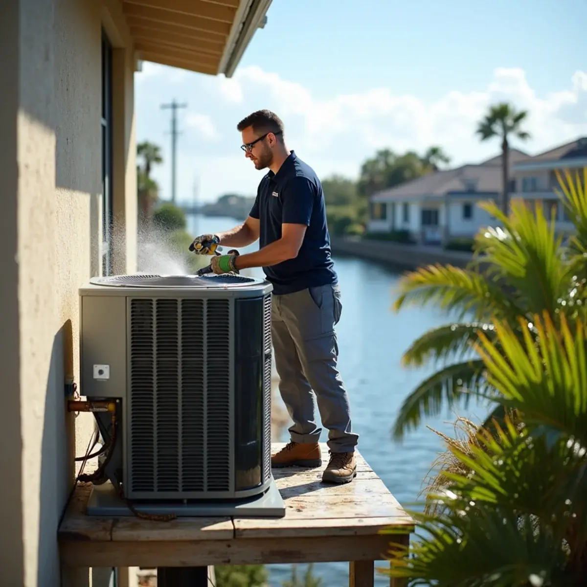 Coastal AC condenser on an elevated platform at a home in Bayshore Gardens, FL