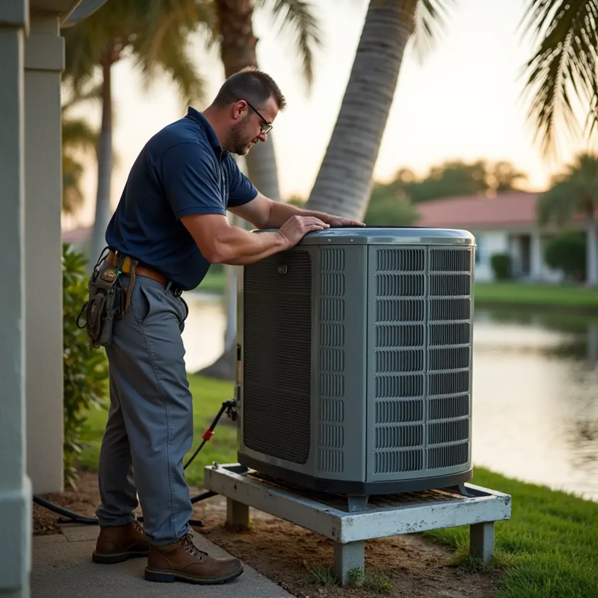 AC condenser on an elevated hurricane-rated stand at a home in Charlotte Harbor, FL