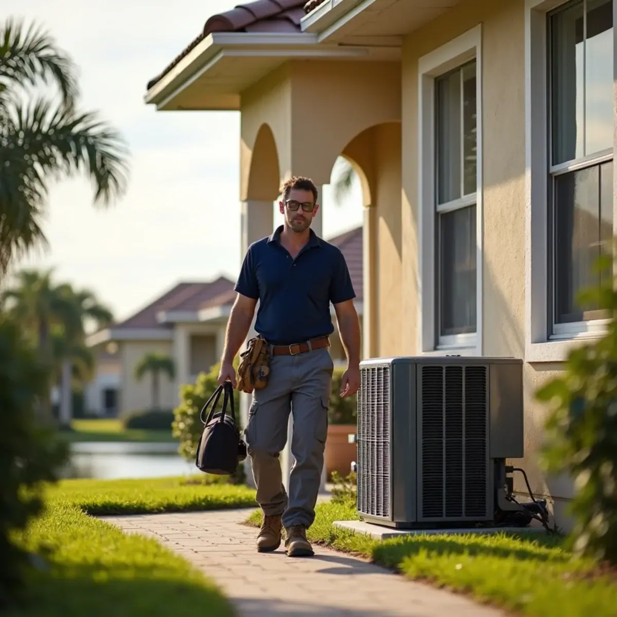 HVAC technician servicing an air conditioner at a home in Charlotte Park, FL