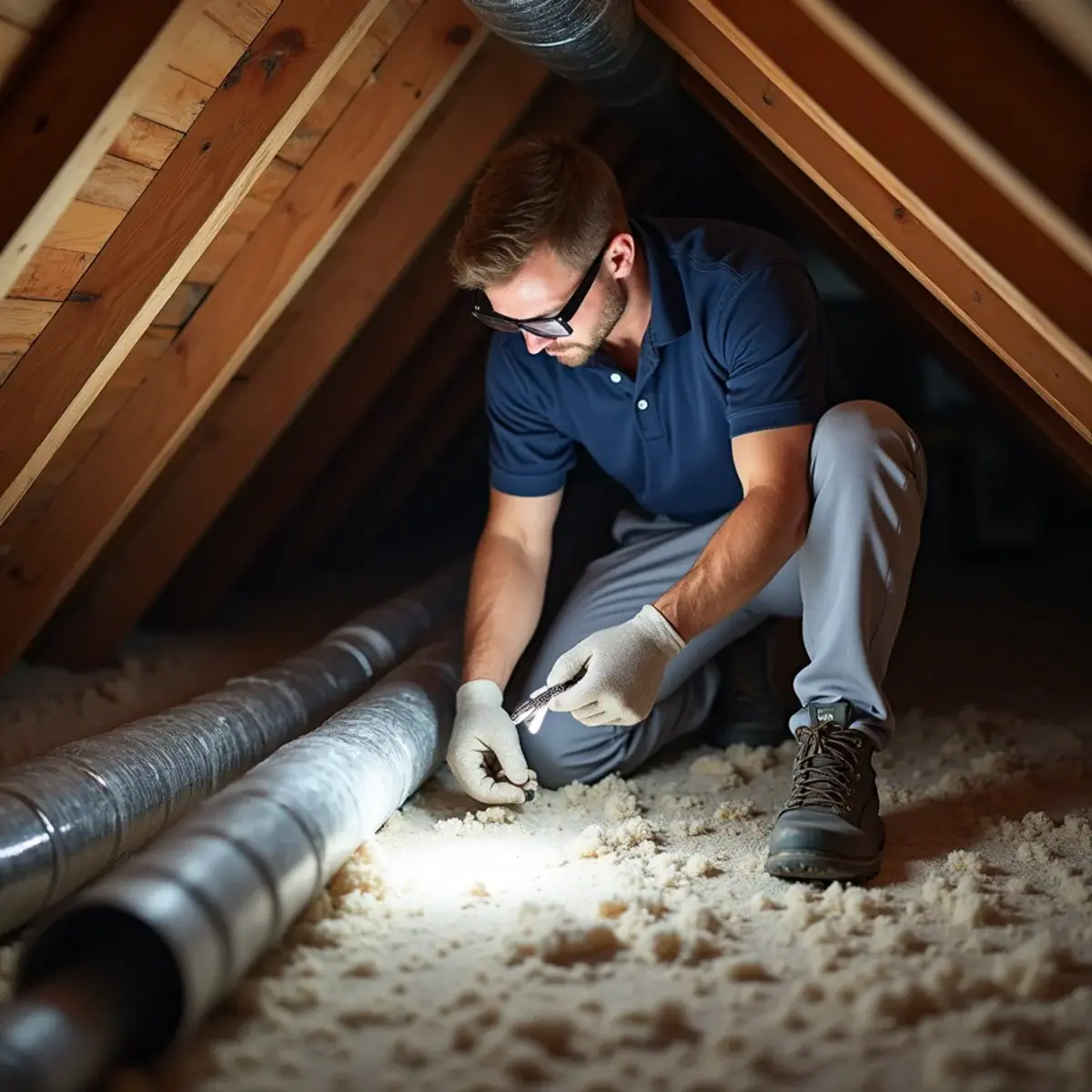 Technician inspecting original attic ductwork in a block home in Desoto Lakes, FL