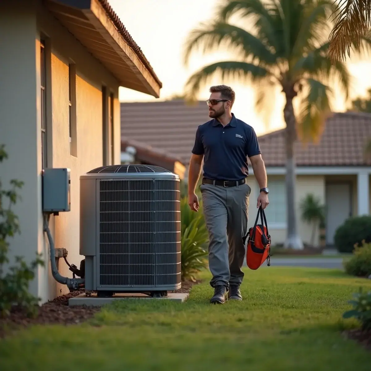 HVAC technician servicing an air conditioner at a home in Desoto Lakes, FL