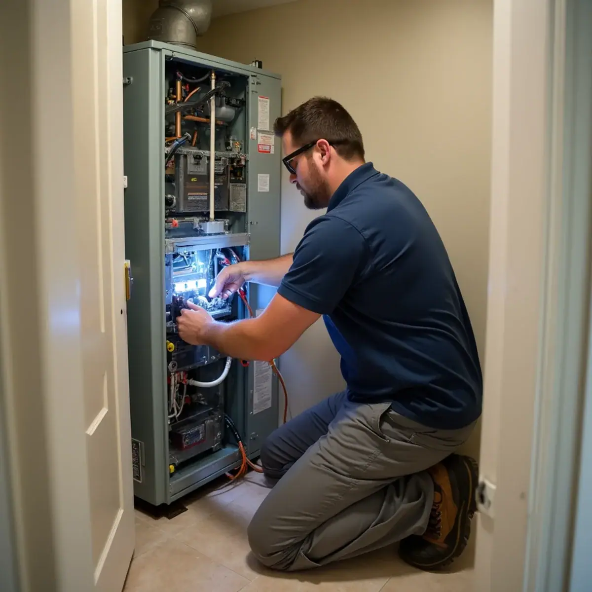 Technician servicing a closet air handler in a condo in Holmes Beach, FL