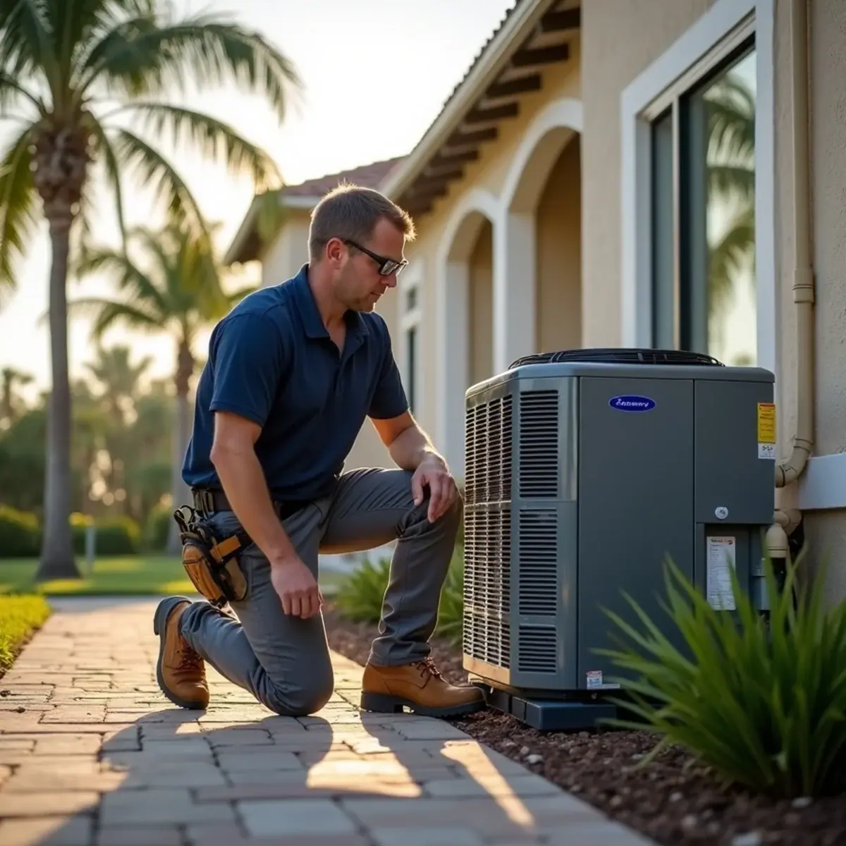 Modern heat pump outside a newer home in Lakewood Ranch, FL