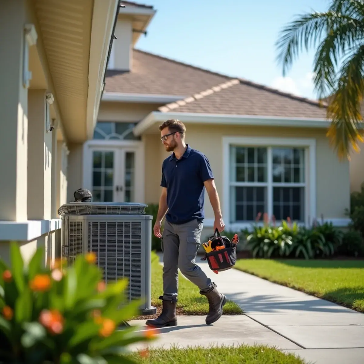 HVAC technician servicing an air conditioner at a home in Lakewood Ranch, FL