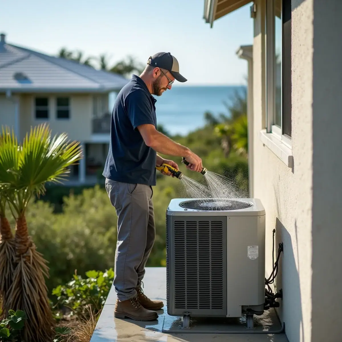 Coastal AC condenser on an elevated platform at a home in Manasota Key, FL