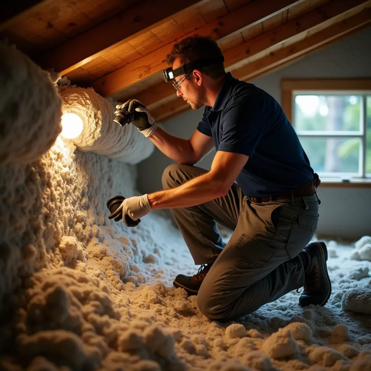 Technician inspecting original attic ductwork in a block home in Memphis, FL