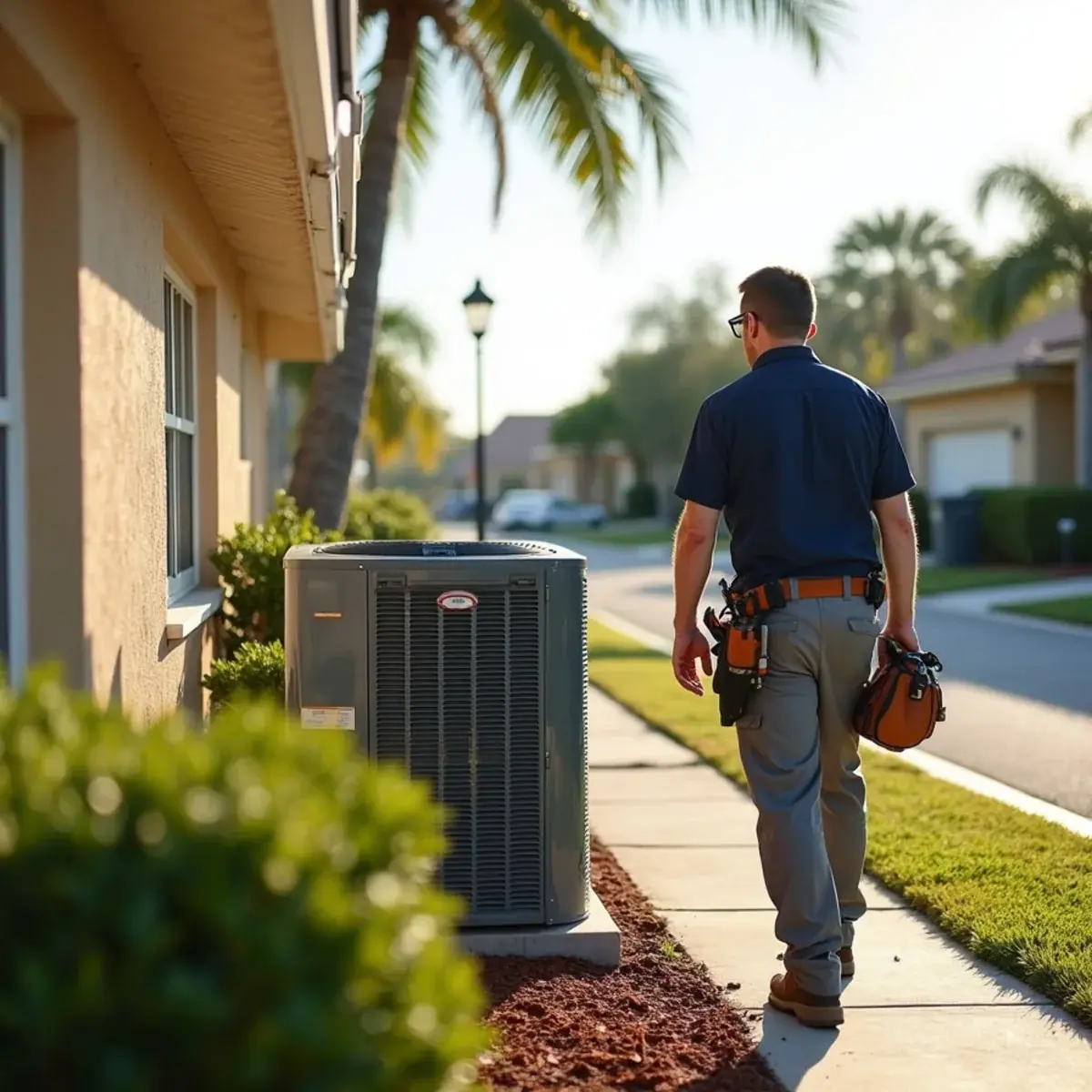 HVAC technician servicing an air conditioner at a home in Memphis, FL