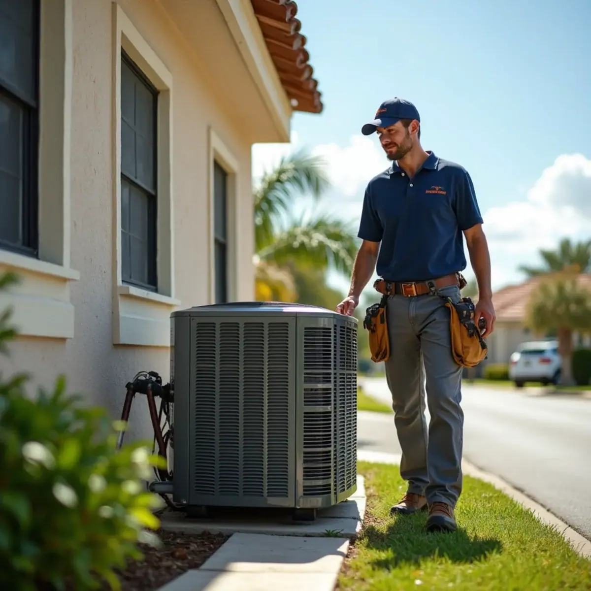 HVAC technician servicing an air conditioner at a home in North Fort Myers, FL