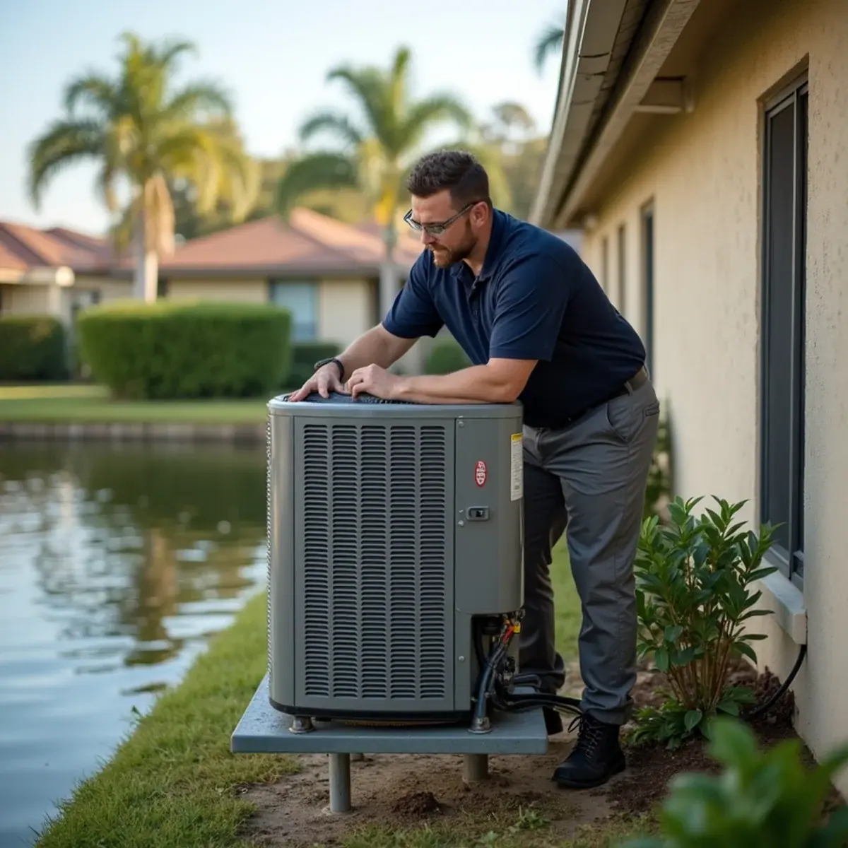 AC condenser on an elevated hurricane-rated stand at a home in North Port, FL