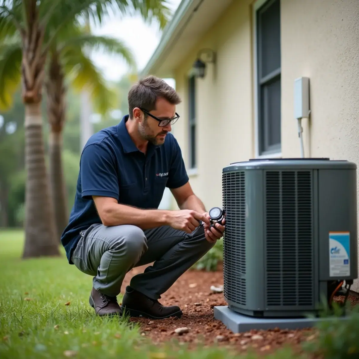 Technician servicing an outdoor AC unit at a home in North Sarasota, FL