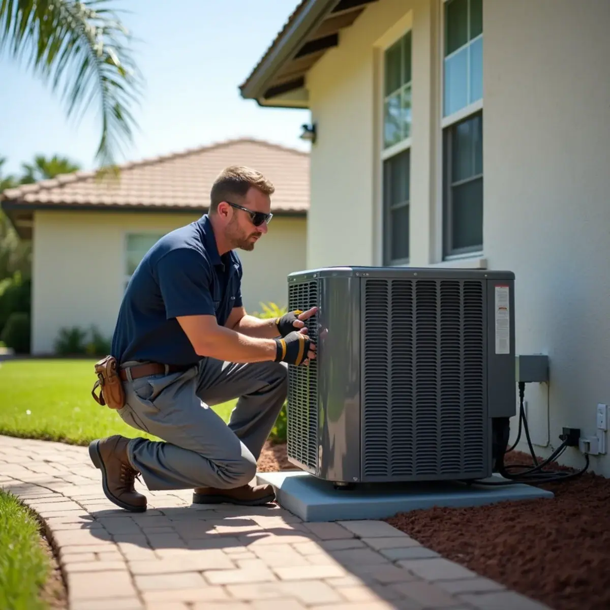 Modern heat pump outside a newer home in Parrish, FL