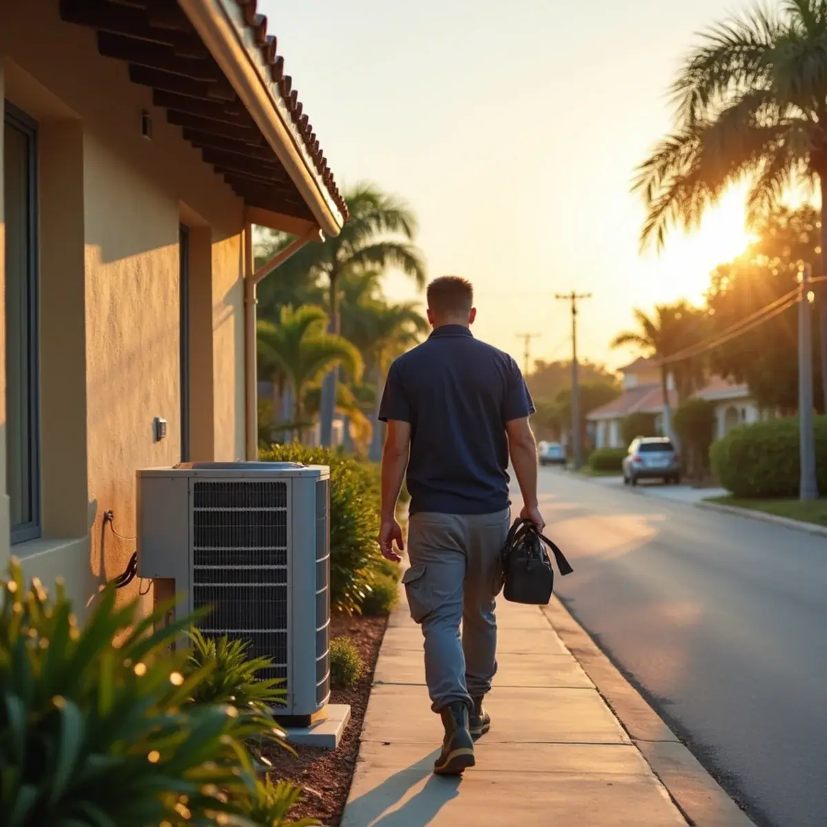 HVAC technician servicing an air conditioner at a home in Ridge Wood Heights, FL