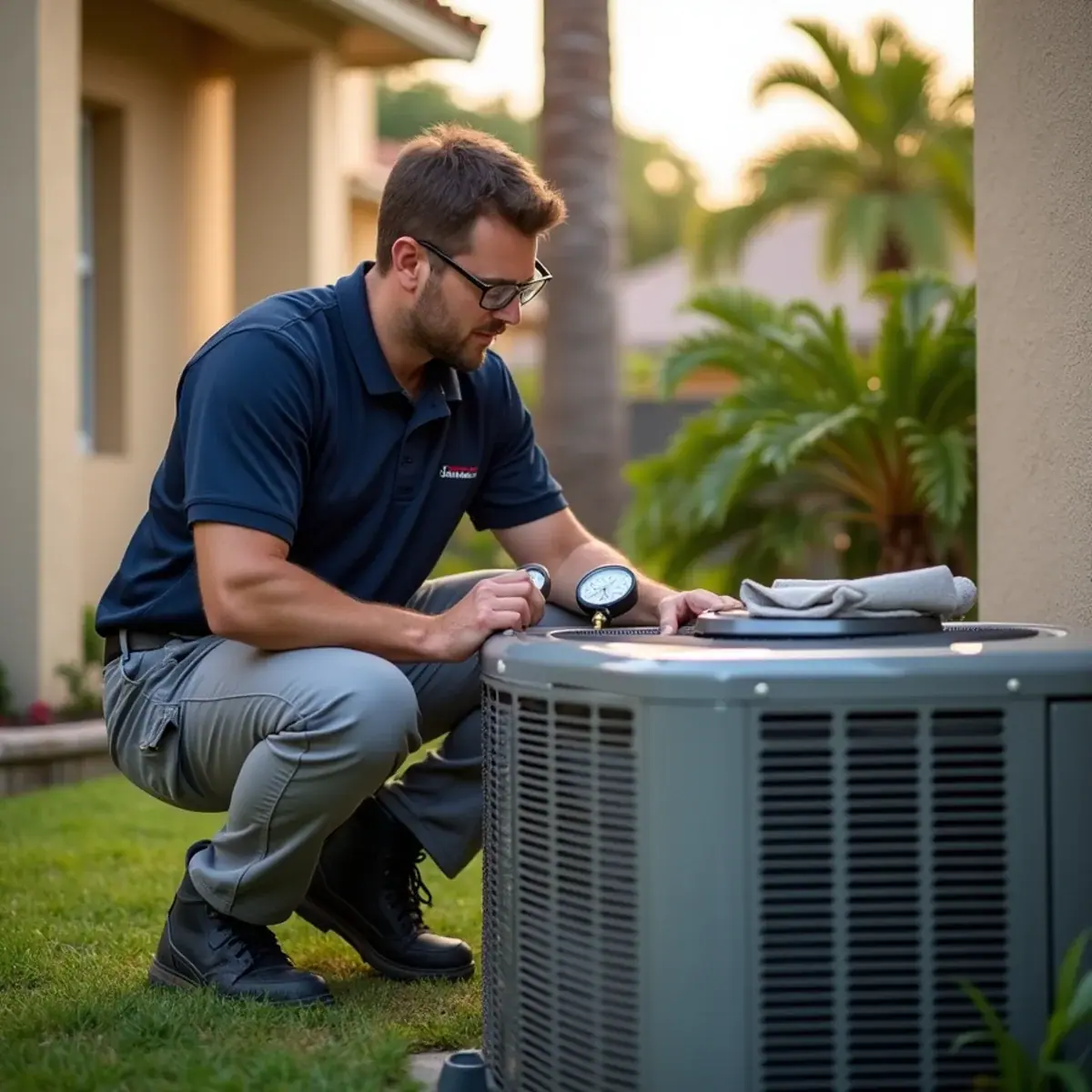 Technician servicing an outdoor AC unit at a home in Rotonda West, FL
