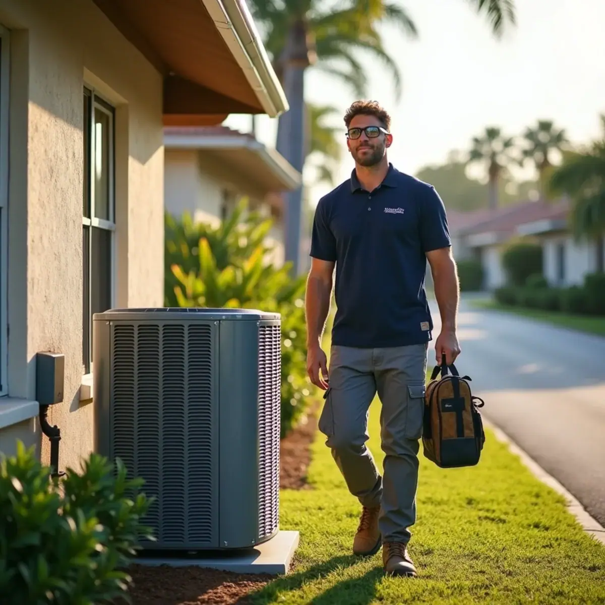 HVAC technician servicing an air conditioner at a home in Rotonda West, FL