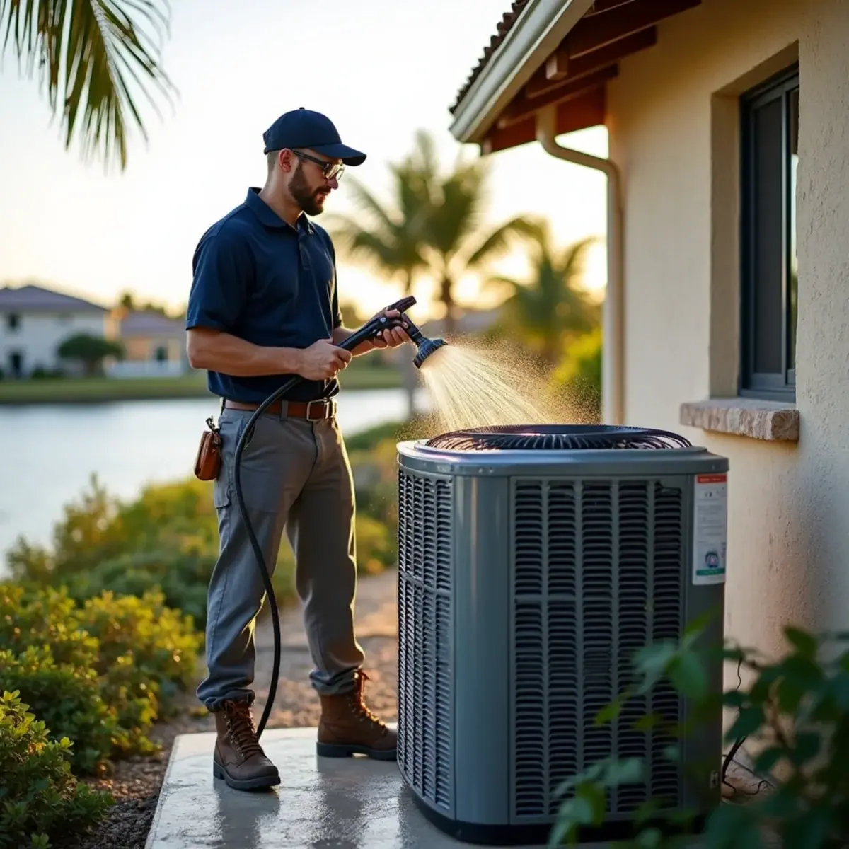 Coastal AC condenser on an elevated platform at a home in Ruskin, FL