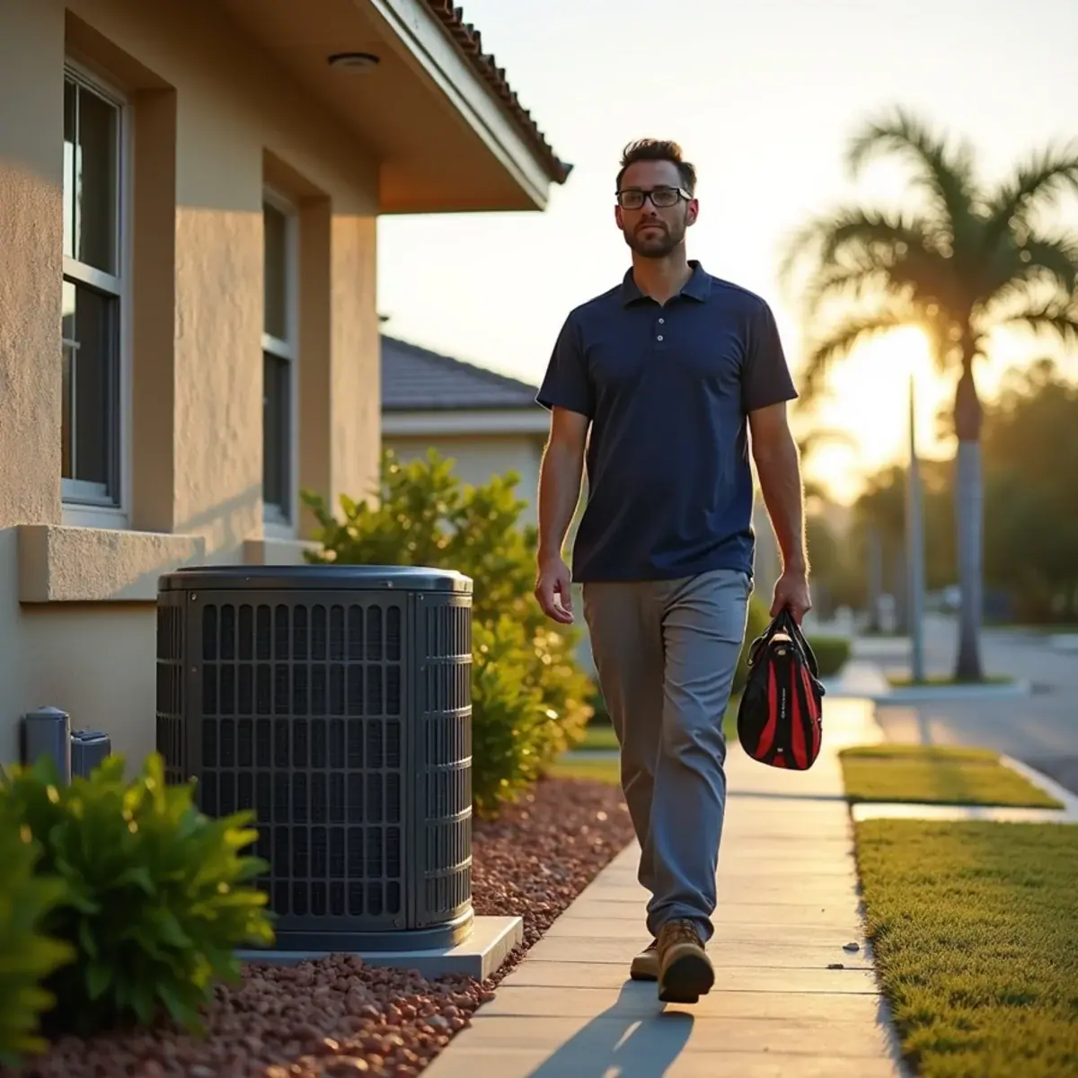 HVAC technician servicing an air conditioner at a home in Sarasota Springs, FL
