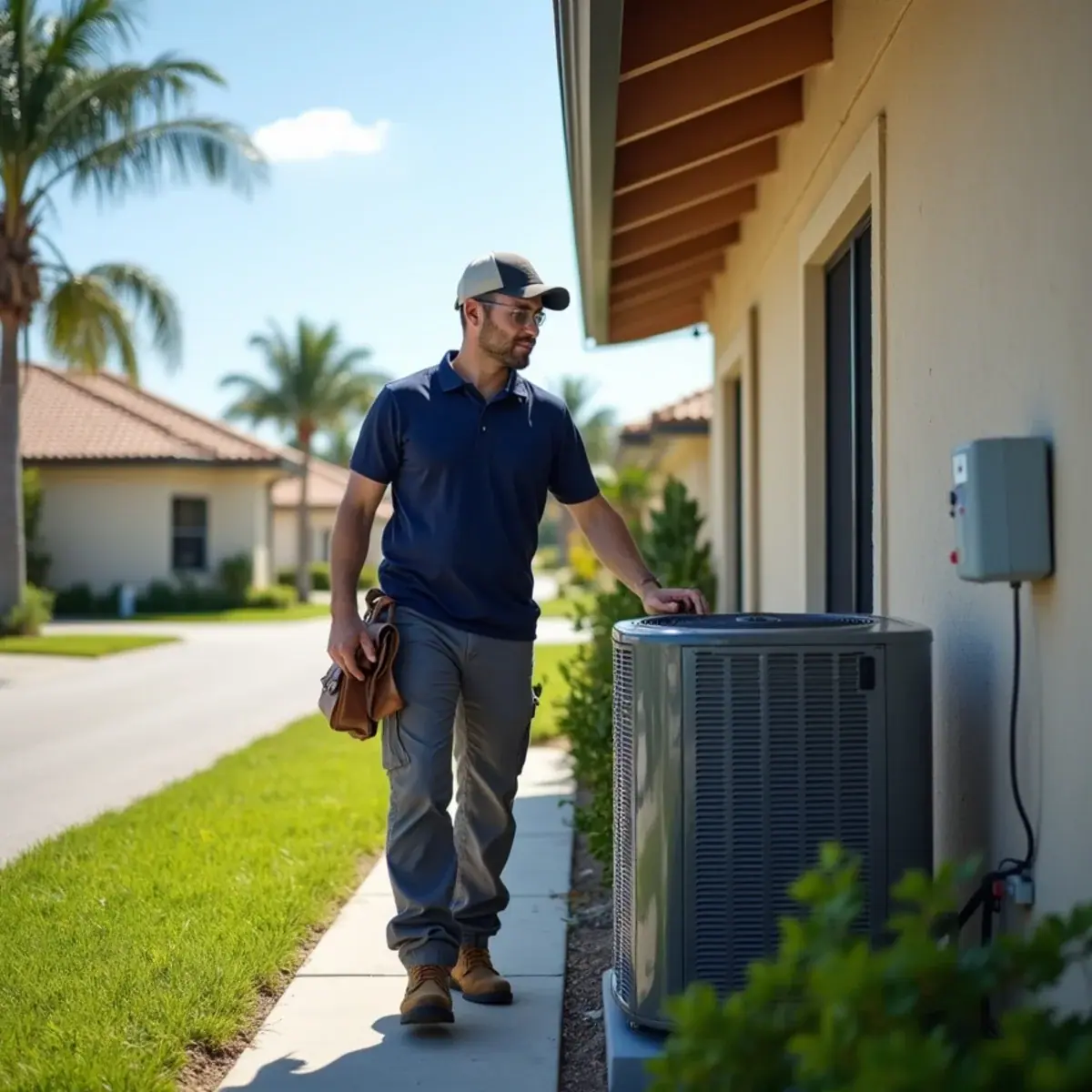 HVAC technician servicing an air conditioner at a home in Solana, FL