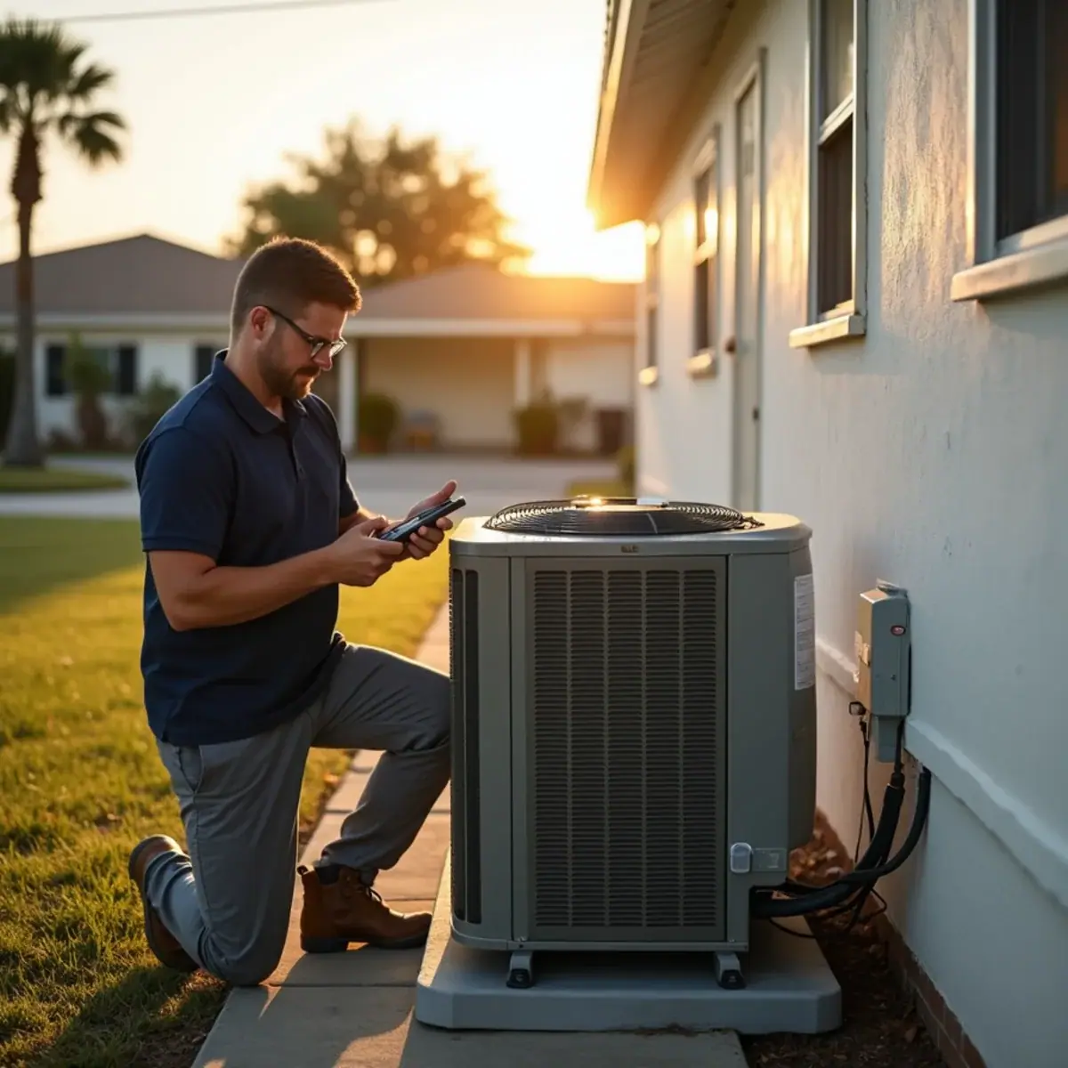 Technician servicing a package AC unit at a manufactured home in South Bradenton, FL