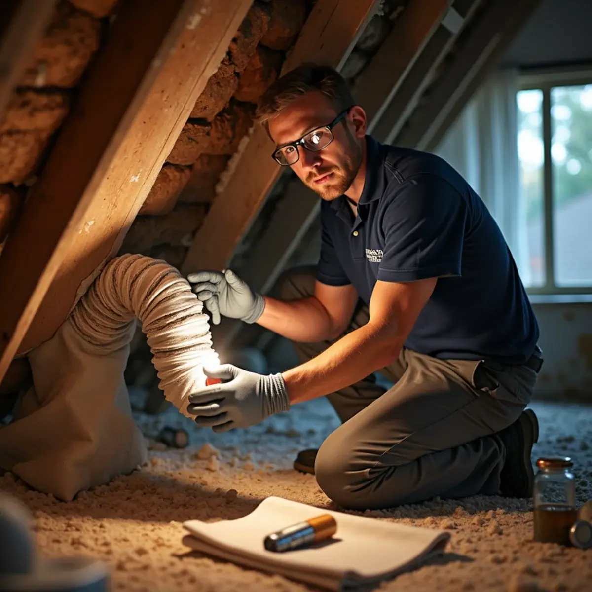 Technician inspecting original attic ductwork in a block home in Southgate, FL