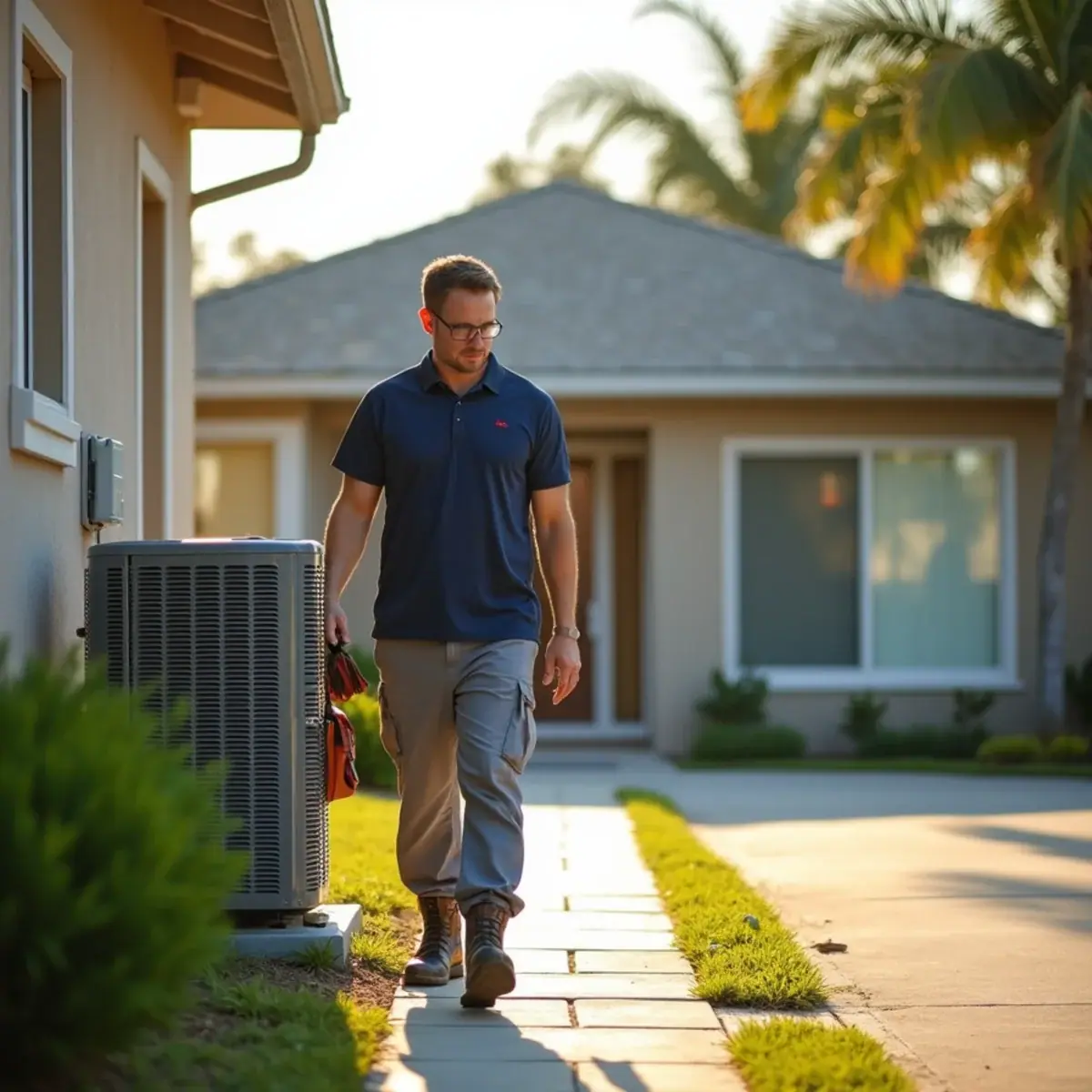 HVAC technician servicing an air conditioner at a home in Southgate, FL