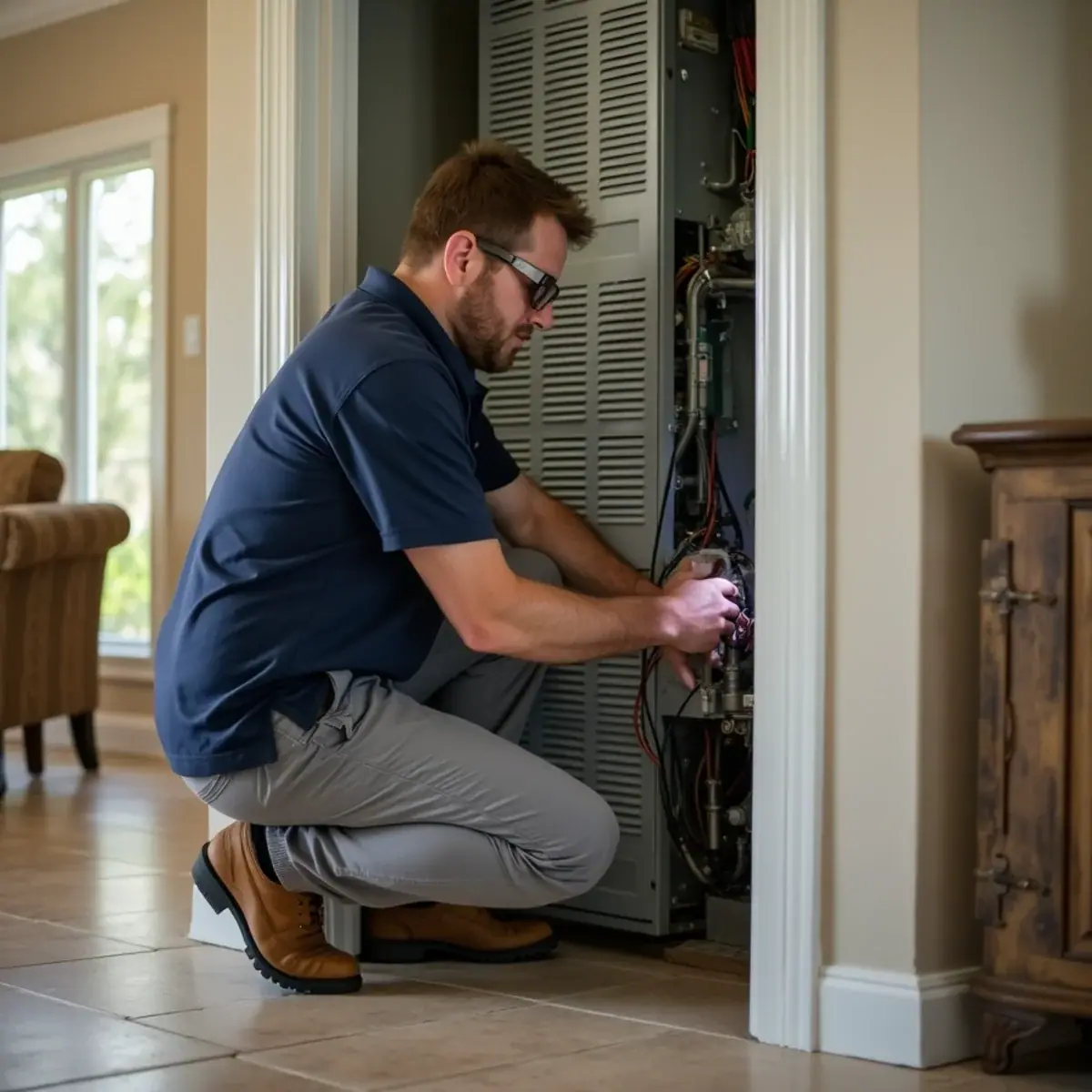 Technician servicing a closet air handler in a condo in The Meadows, FL