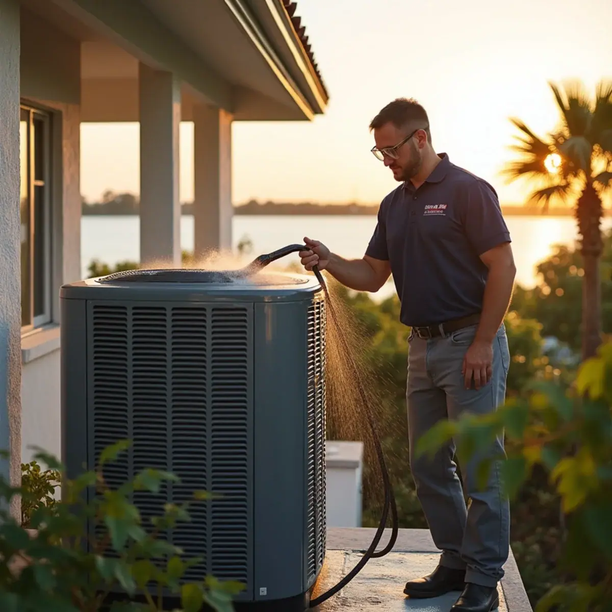 Coastal AC condenser on an elevated platform at a home in Vamo, FL