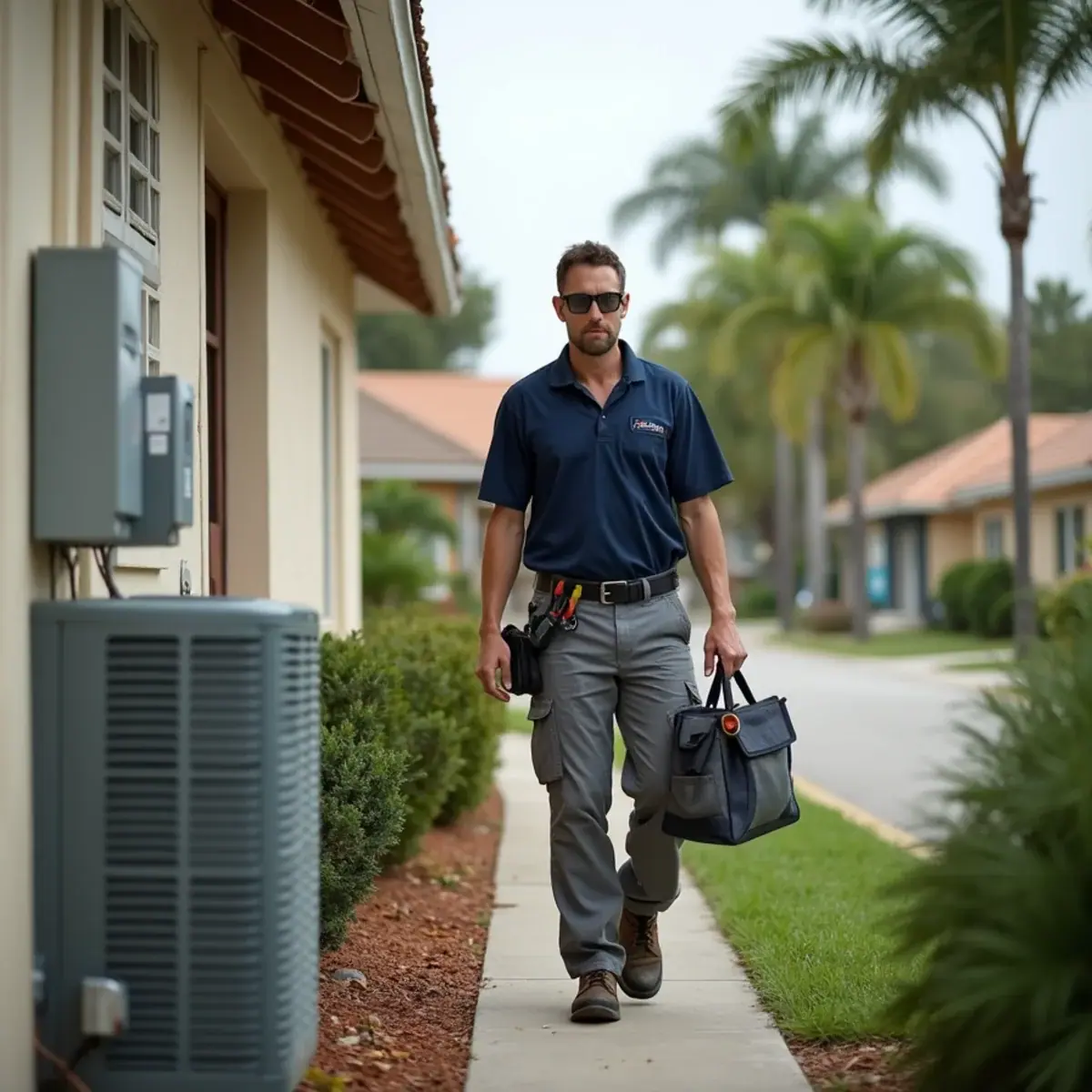 HVAC technician servicing an air conditioner at a home in Venice Gardens, FL