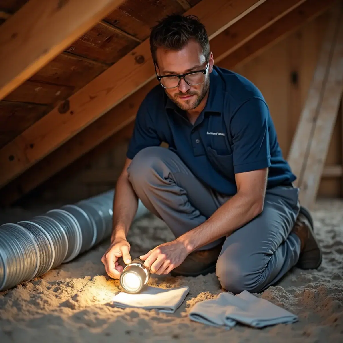 Technician inspecting original attic ductwork in a block home in Warm Mineral Springs, FL