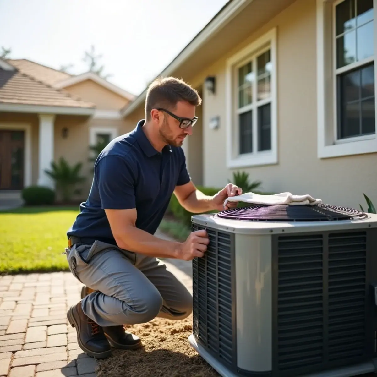 Modern heat pump outside a newer home in Wimauma, FL