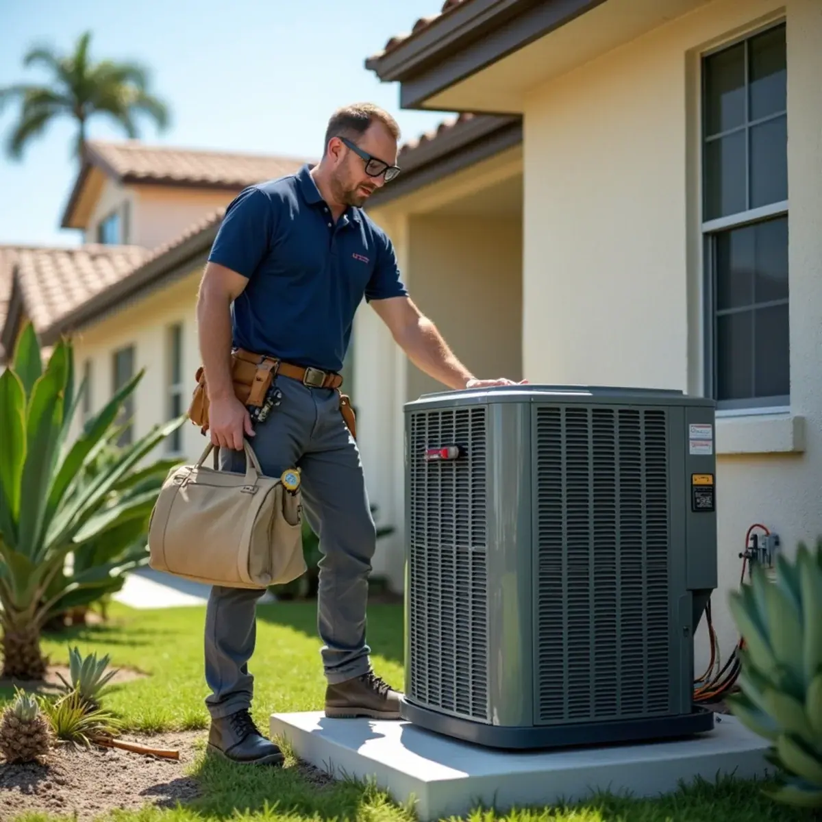 HVAC technician with tools beside a new AC condenser in Venice, FL